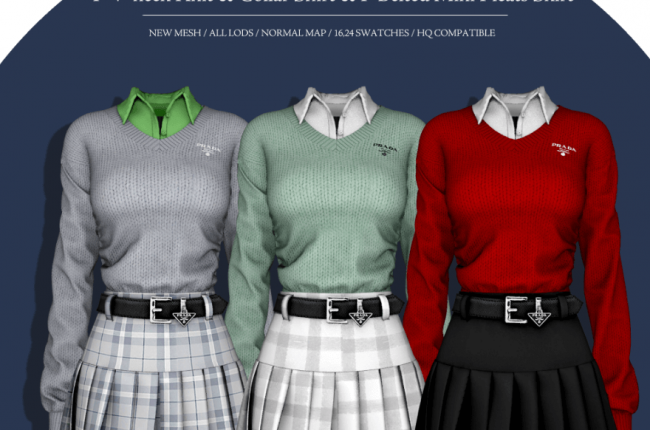 P V-neck Knit & Collar Shirt & P Belted Mini Pleats Skirt от RIMINGS