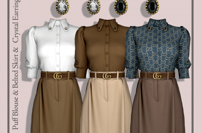 Puff Blouse & Belted Skirt & Earring от RIMINGS